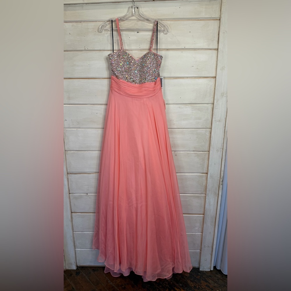 Embellished Coral Pink Spaghetti Strap Evening Dress size 10